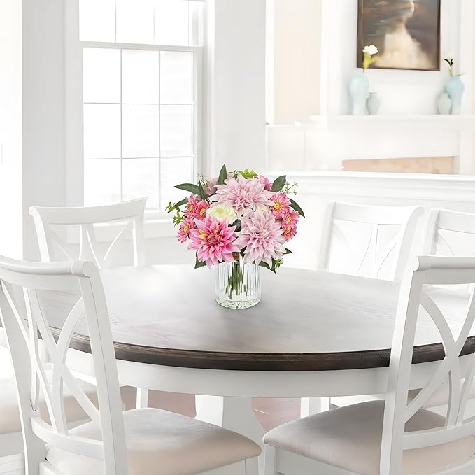 Briful Artificial Flower Arrangement with Glass Vase, 12.5" Faux Dahlia Silk Flowers Centerpiece Table Decorations Pink Mixed Floral Bouquet for Home Office Dining Room Coffee Table Wedding Decor