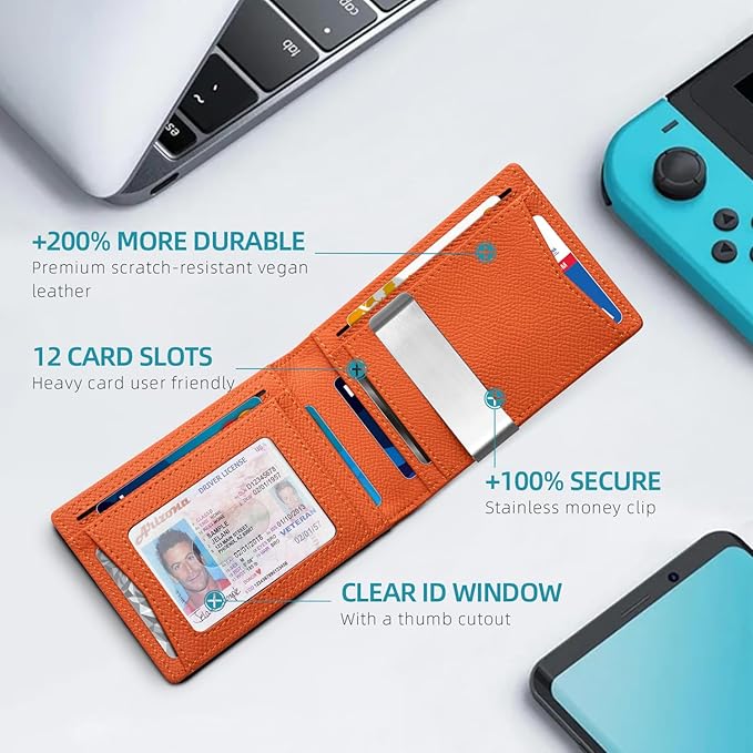 Zitahli Slim Wallet for Men Gifts 12 Card Slots ID Window With Money Clip Minimalist RFID Front Pocket Bifold Leather Small Thin Gift Box Dad Birthday Christmas Regalos Hombres