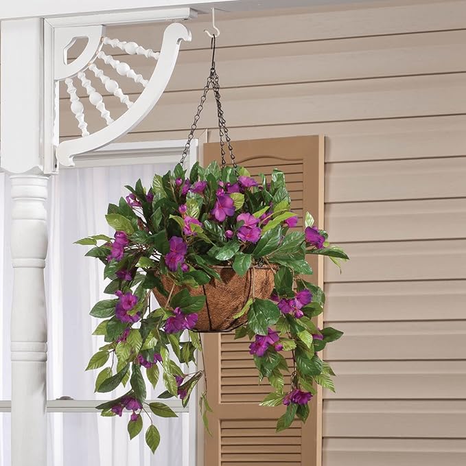 OakRidge Fully Assembled Impatiens Hanging Basket – Large Artificial Flower Outdoor or Indoor Decoration with Hook - Purple