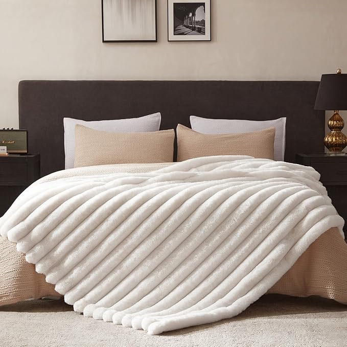 WDCOZY Faux Fur Throw Blanket Striped Super Soft Cozy Fluffy Luxurious Blankets Couch Bed Sofa Chair Home Decor Warm Furry Fall Winter Plush Lightweight Rabbit Fur Bubble Blanket 60" x 80", Ivory