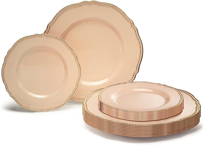 " OCCASIONS " 50 Plates Pack (25 Guests)-Heavyweight Wedding Party Disposable Plastic Plate Set -25 x 10.25'' Dinner + 25 x 7.5'' Salad/dessert plates (Rochelle Antique Rose and Gold)