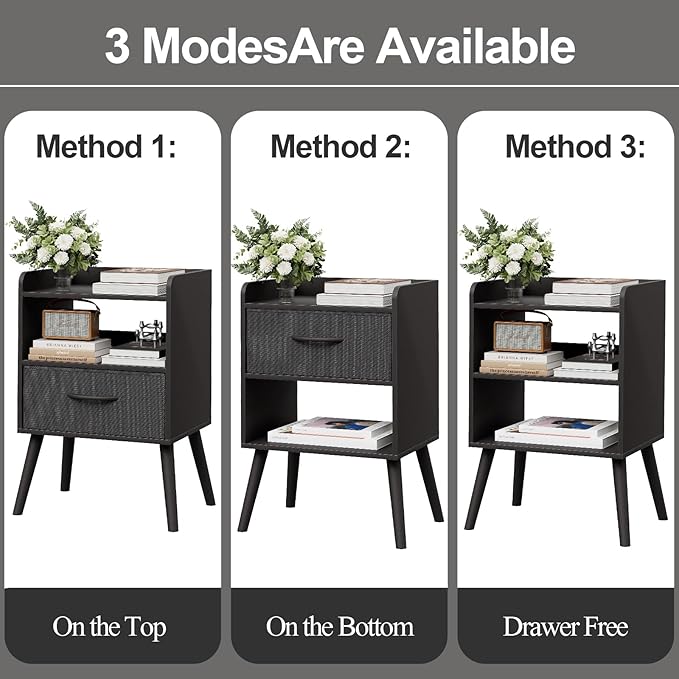 NightStand with Open Shelf,Night Stand with Drawer Storage Side Table End Tables,Bedside Table with Solid Wood Feet,Mid Century Night Stands for Bedroom Sofa Couch Small Spaces (Black)