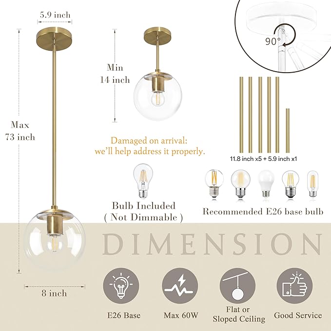 8" Globe Pendant Light Gold Mid Century Modern Light Fixture Clear Glass Pendant Lights Kitchen Island Modern Pendant Lights Brushed Brass Finished with Clear Glass Lampshade for Bedroom