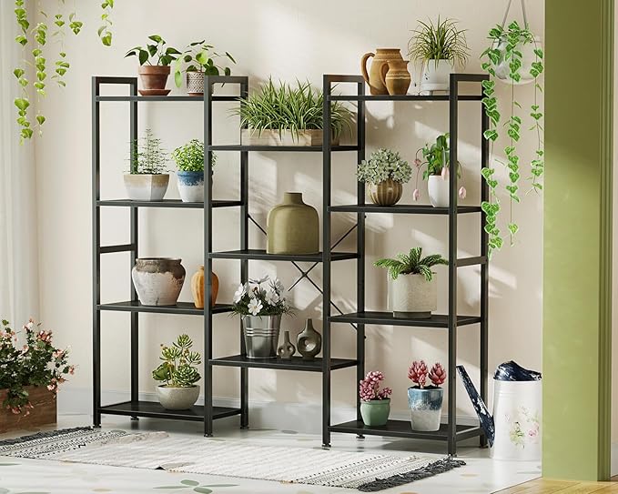 Casaottima Triple 4 Tier Bookshelf, Large Bookcase with 11 Open Display Shelves, Modern Industrial Book Shelves Book Case for Bedroom, Wide Standing Shelving Unit for Living Room Home Office, Black