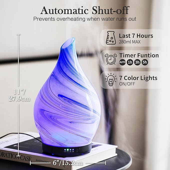 Porseme 280ml Essential Oil Diffuser Glass Color Changing Aroma Air Diffusers Aromatherapy Ultrasonic Cool Mist Humidifier 7 Running Hours Waterless Auto-Off for Sleeping, Yoga, Office, Spa (Blue Ink)