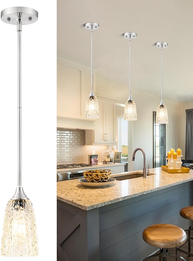 Brushed Nickel Pendant Lights Kitchen Island, 1-Light Hammered Glass Pendant Light Fixtures with Clear Glass and Rods, Modern Hanging Light for Kitchen Sink Dining Room Bedroom, E26