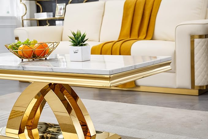 Modern Marble Coffee Table, 47" White and Gold Rectangle Coffee Table with Faux Marble Top & Golden Geometric Stainless Steel Base, Rectangle Living Room Tea Table Center Table for Home Office