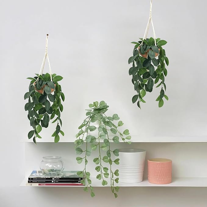Hanging Plants Artificial Decor, Fake Hanging Plant in Clay Pot Artificial Hanging Plants with Fake Leaves and Hook for Wall Home Room Indoor Outdoor Décor (Dark Green)