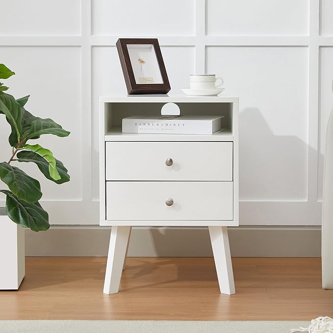 White Nightstand with 2 Drawers and Open Shelf Wooden Bed Side Table Storage Night Stand for Bedroom, Living Room