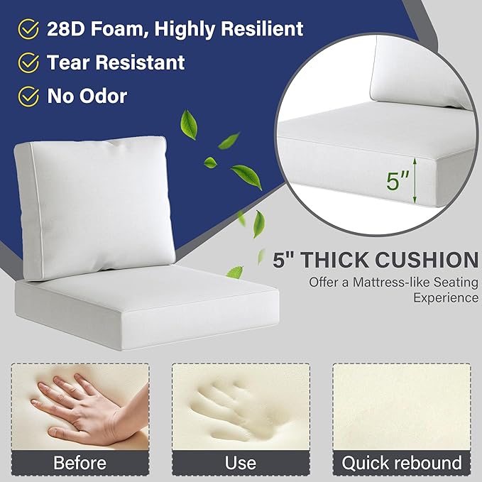 UIXE 24.5" Deep Seat Outdoor Cushion Set with Back Pads, Patio Furniture Cushions, Sectional Sofa Bistro Chair Cushion - White, Set of 4