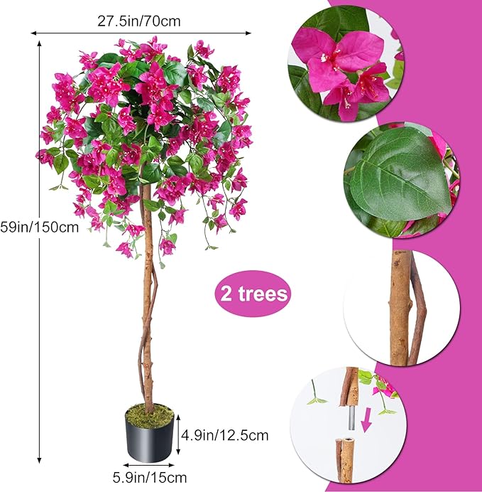 HUAESIN 2 Pack 5FT Bougainvillea Artificial Tree Tall Potted Fake Bougainvillea Trees Lifelike Faux Plants with Wood Trunk and Pink Flower for Indoor Outdoor Office Wedding Home Decor
