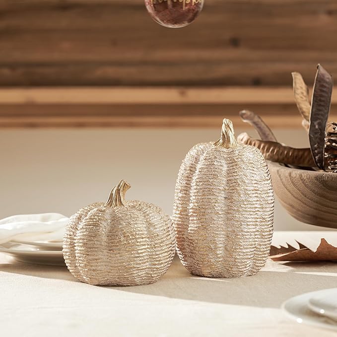 DN DECONATION Fall Pumpkin Decorations Table Centerpieces, 2Pcs White & Gold Artificial Pumpkins Figurines for Autumn Thanksgiving Harvest Indoor Home Decor (Resin with Rope-Wrapped Texture)