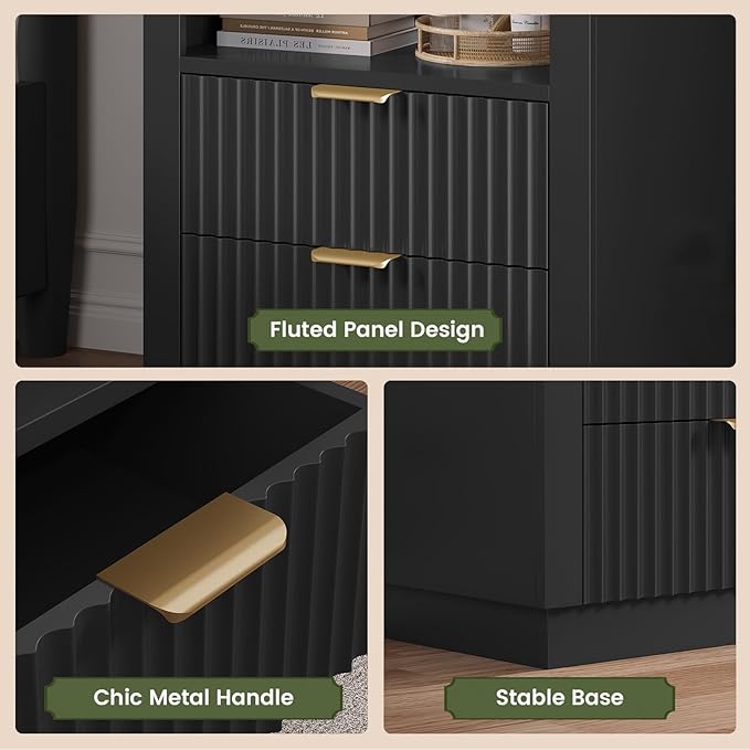 ADORNEVE Tall Fluted Nightstand, Side Table with Drawers & Open Shelf, Mid Century Modern Night Stand with Metal Handle, Wooden Bedside End Table for Bedroom,Living Room,Black