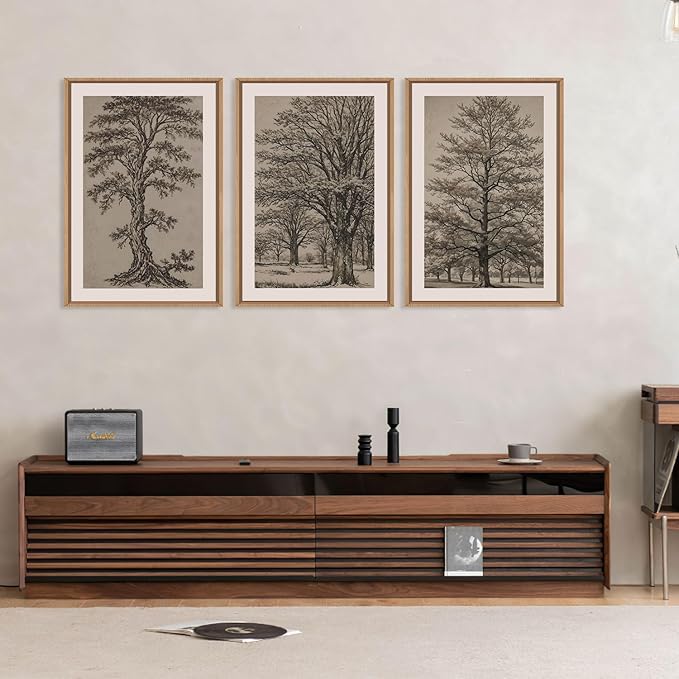 HOURIA Vintage Tree Sketch Framed Canvas Wall Art Set,Retro Neutral Botanical Wall Decor,Mid Century Woodland Drawings Artwork,Nature Antique Forest Art Print for Living Room,Bedroom,Office- 16"x24"x3