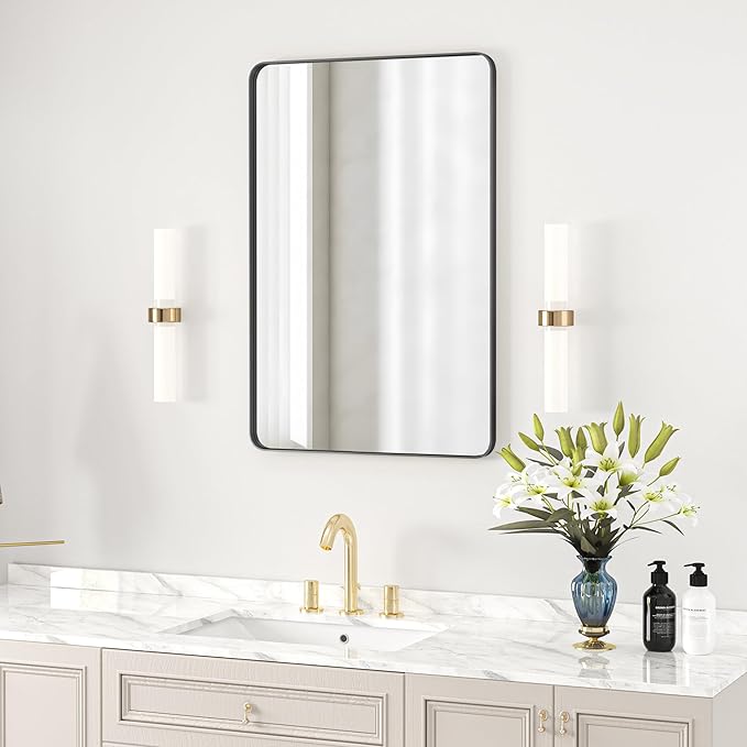 Bathroom Mirror 24x36 inch, Rustproof Aluminum Metal Framed Mirror for Wall, Matte Gold Bathroom Vanity Mirror, Shatterppoof Mirror, Living Room, Hanging or Leaning Horizontal or Vertical