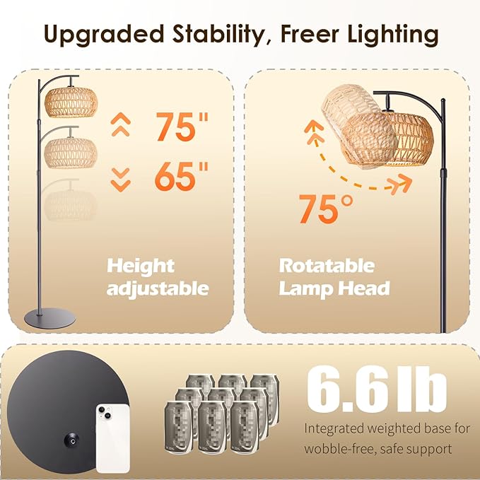 Boho Rattan Floor Lamp with Shade - 12W Bright LED Bulb, Adjustable Height 48-60 Inch, Remote Control 3 Color Temperatures, Handwoven Arc Standing Light for Living Room