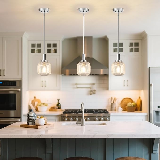 Brushed Nickel Pendant Lights Kitchen Island 2 Pack, 5.9" Modern Glass Pendant Light with Clear Glass and Rods, Mini Hanging Lighting for Kitchen Sink Bathroom Bedroom, OS-YQ7749-2PBN