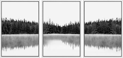 SIGNWIN 3 Piece Framed Canvas Wall Art Woodland Nursery Decor Black and White Forest with Lake Nature Abstract Traditional Home Artwork Decoration for Living Room,Bedroom - 24"x36"x3 White