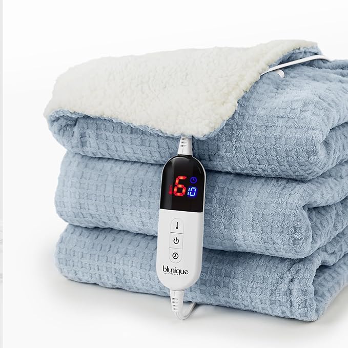 Electric Blanket Striped Twin, 72x84 Inches Sherpa Fleece Fast Heating Blanket 6 Heating Levels & 10 Hours Auto Off ETL Certification,Haze Blue Full