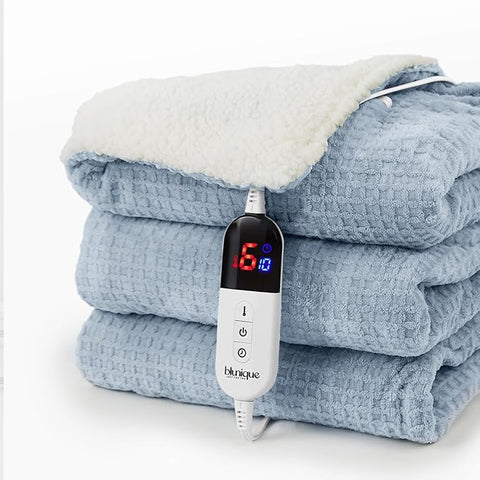 Electric Blanket Striped Twin, 72x84 Inches Sherpa Fleece Fast Heating Blanket 6 Heating Levels & 10 Hours Auto Off ETL Certification,Haze Blue Full