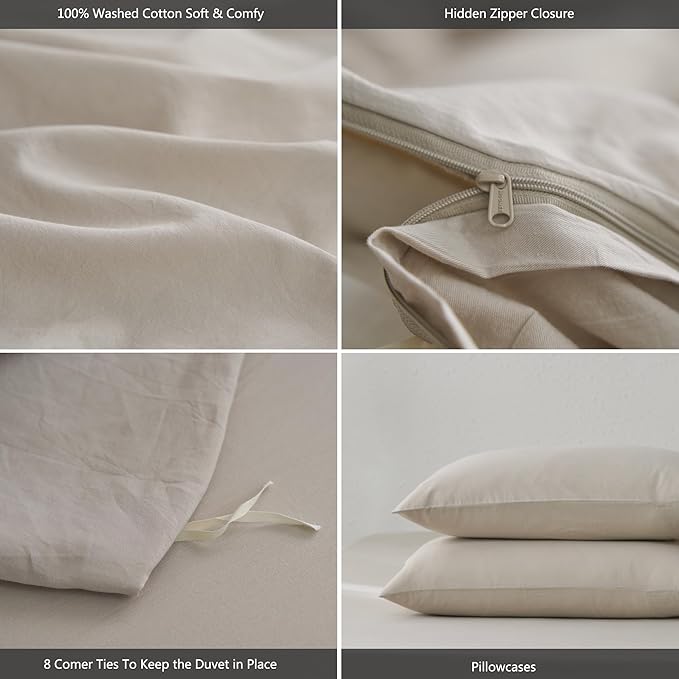 MooMee Super Queen Duvet Cover Set, 100% Washed Cotton Linen Like Twill Thick Sturdy Material Super Soft Breathable Durable Bedding for All Season, 3 Pieces (Cream Grey, Super Queen 90"x98")