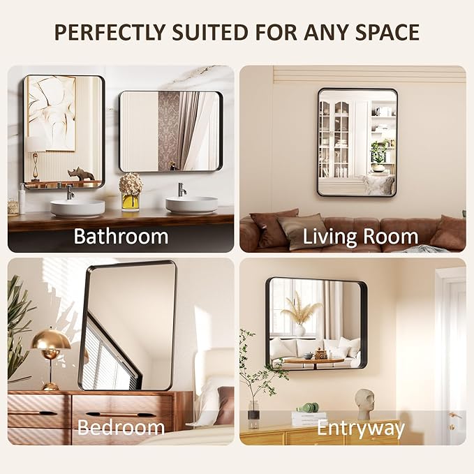 48×30 Black Mirror for Bathroom Sink - Rectangle Mirrors for Vanity with Rounded Corners & Tempered Glass for Bathroom, Restroom, Entryway, Horizontal/Vertical Wall Mounted, Aluminum Frame