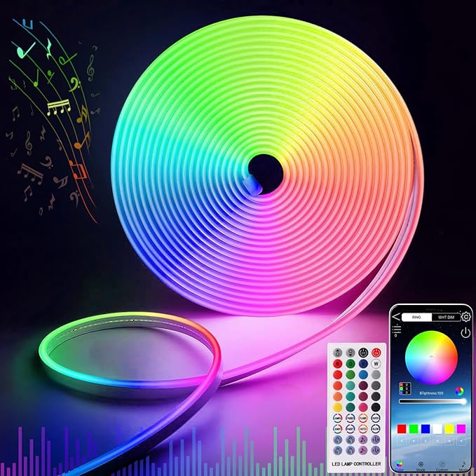 Neon Rope Lights - 16.4Ft Flexible LED Rope Lights,24V RGB Rope Lights Control with App/Remote Multiple Modes,DIY Design, IP65 Waterproof Strip Lights for Bedroom Room Outdoors Decor