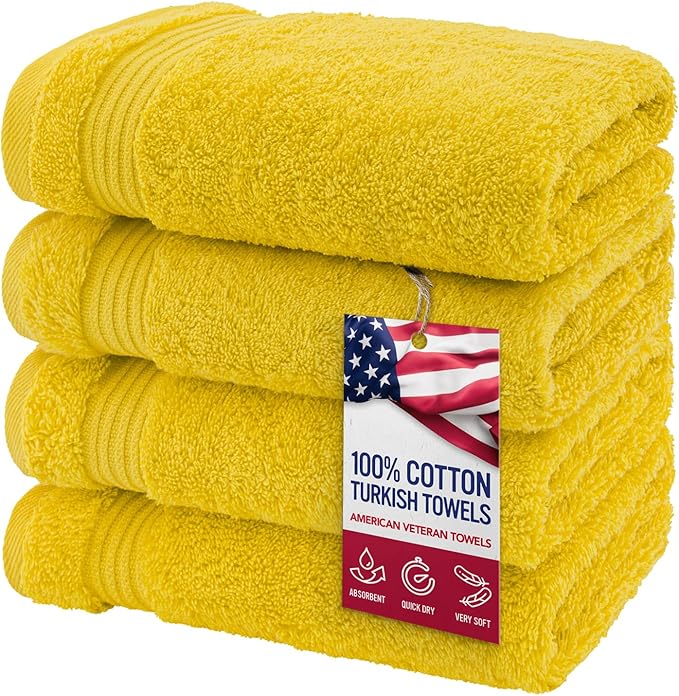 American Veteran Towel, Hand Towels for Bathroom Set of 4, 100% Cotton Turkish Hand Towel Sets Clearance Prime, Soft Drying Hand Face Towels, Yellow Hand Towels