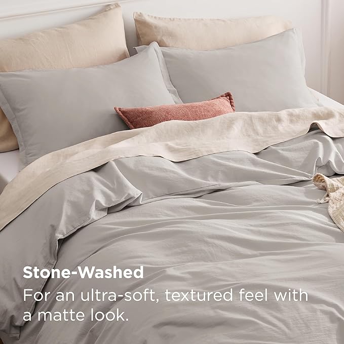 Bedsure 100% Stone Washed Cotton Duvet Cover King - Stone Color Minimalist Cotton Duvet Cover Linen Like for All Seasons - GentleSoft™ Plain Simple Bedding, 3 Pieces (King, 104"x90")