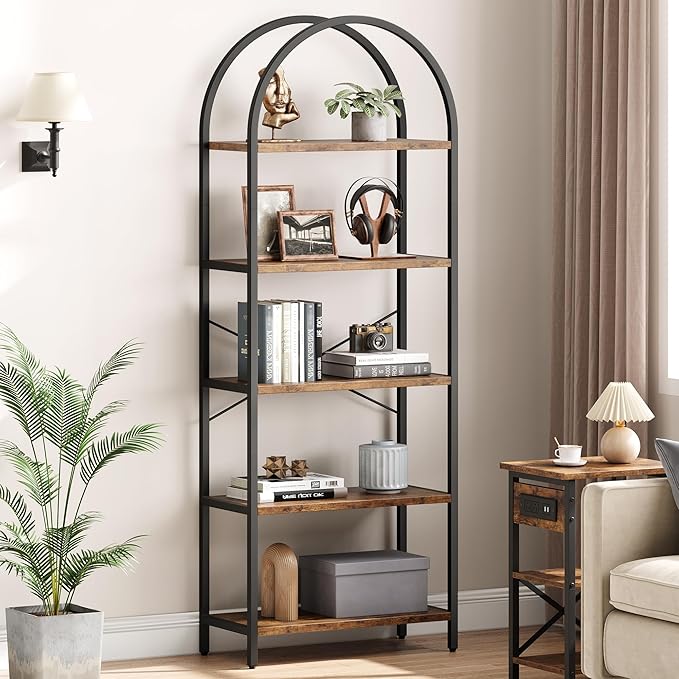 IDEALHOUSE Bookshelf 5 Tier Bookcase Arched Display Racks Tall Standing Bookshelves Metal Frame Modern Storage Rack Shelf Large Wood Book Shelf for Bedroom, Living Room, Home Office