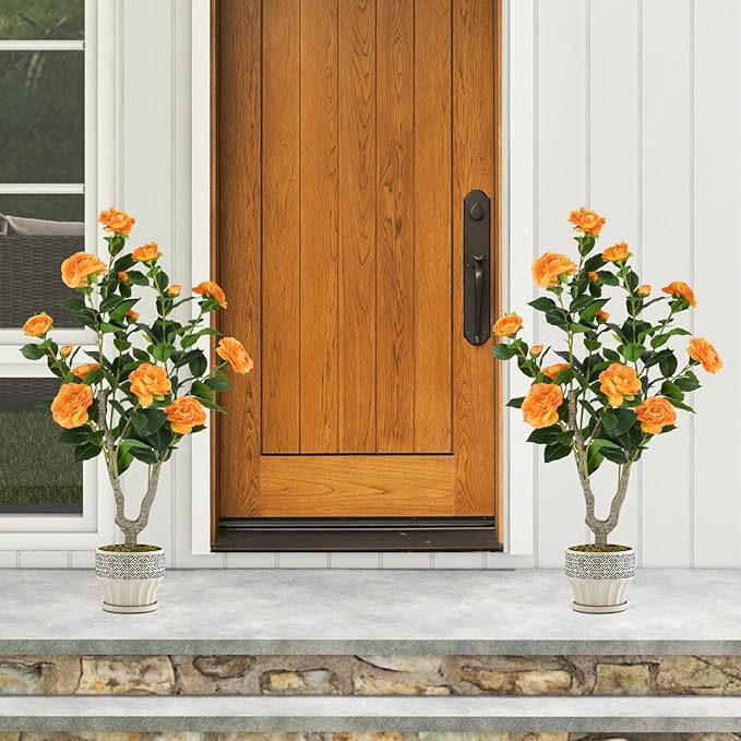 Goplus 36’’ Artificial Camellia Tree, Flower Plants Artificial Tree, Faux Floral Plant Blooming Tree in Nursery Pot, Greenery Potted Plant for Indoor Office Home Porch Decor, Orange