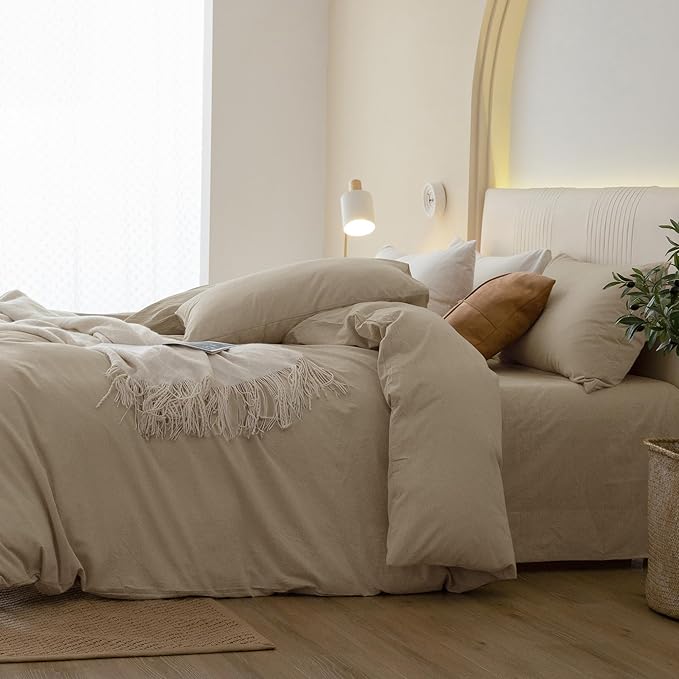 JIYUAN 100% Washed Cotton Duvet Cover Set 3 Pieces King, 1 Duvet Cover 104x90 Inches(Comforter Not Included) and 2 Pillowcases,Linen Feel Bedding Set Comfy and Breathable, Heathered Tan