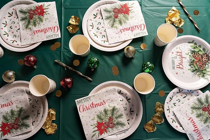 Traditional Christmas Tableware Pack: Disposable Paper Plates, Napkins and Cups Set for 20