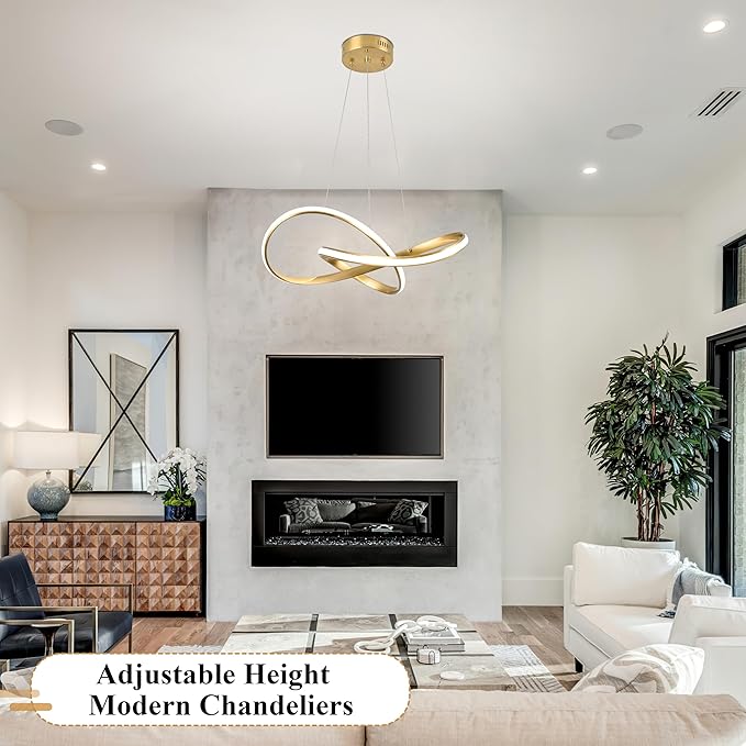 20" Gold Modern led Chandelier for Living Room,Irregular Ring Modern Pendant Lights Kitchen Island,Dimmable Remote Control H79 Adjustable led Pendant Light for Bedroom Dining Room Entryway