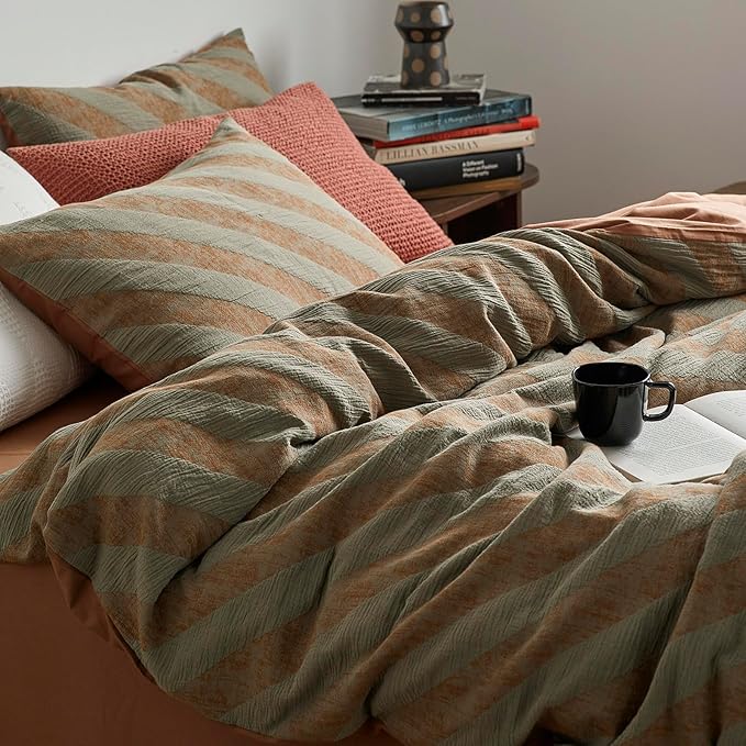 VM VOUGEMARKET Green Striped Duvet Cover Queen Linen Cotton Bedding Set Jacquard Brown Diagonal Stripes Duvet Cover Set Without Filling 90x90 Inch