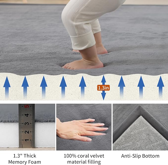 ACOMOPACK Baby Play Mat for Floor,1.3" Thick Memory Foam Area Rug for Living Room,Soft Velvet Crawling with Non-Slip Bottom for Kid,Toddler,71"×79" Tummy Time Nursery Rugs,Yoga（Dark Grey）