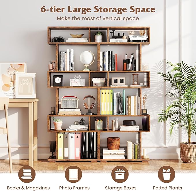 Tangkula 6-Tier S-Shaped Bookshelf, 64" Freestanding Geometric Bookcase, Home Office Wood Storage Shelf with Anti-Toppling Device, Room Divider Display Rack for Study, Living Room (2, Rustic Brown)