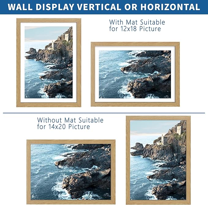 14x20 Picture Frame Set of 2, Natural Oak Wood Style - Display 14 x 20 Picture without Mat or 12x18 Picture with Mat, Wall Mounting Horizontal and Vertical