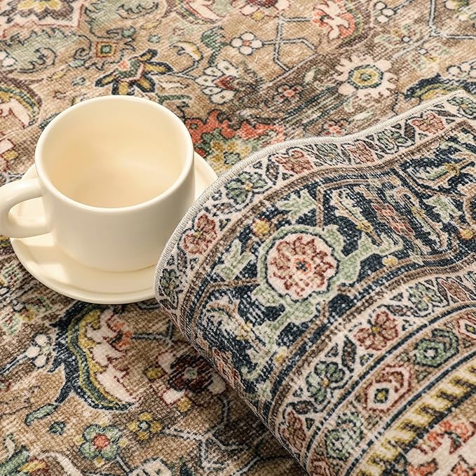 10x14 Washable Area Rug Brown Vintage Distressed Living Room Bedroom Large Throw Rug Non Slip Low Pile Soft Accent Indoor Floor Carpet for Dining Room Office Entryway Kitchen