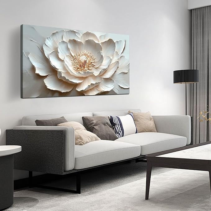 White Flower Canvas Wall Art for Bedroom - Floral Pictures Wall Art for Living Room - Girls Room Decor Ready to Hang Size 24" x 48"
