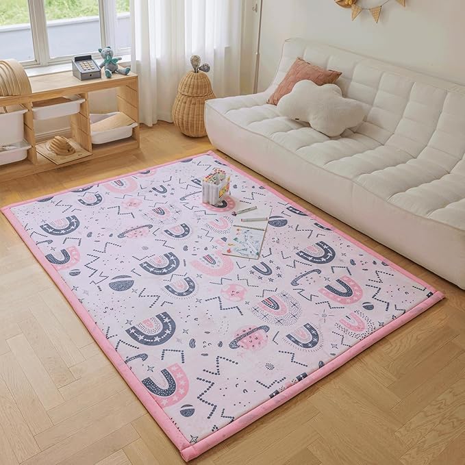 Loartee Rainbow Kids Play Mat - 78"x94" Soft Coral Velvet Memory Foam Tummy Time Rug, Pink
