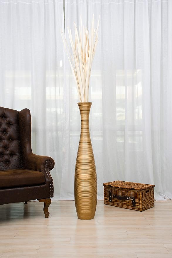 Leewadee Large Gold Home Decor Floor Vase – Wooden 41 inches Tall Farmhouse Decor Flower Holder for Fake Plant and Pampas Grass
