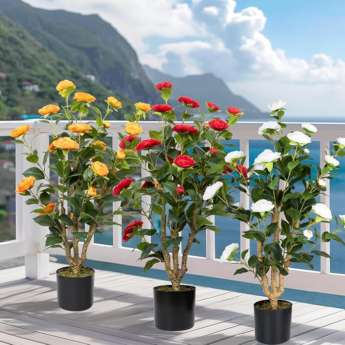 Romantic Season 2Pack Artificial Camellia Tree 3FT, White Faux Camellia Plant Fake Potted Camellia Flower Tree Plastic Camellia Tree for Modern Home Office Living Room Floor Décor Indoor