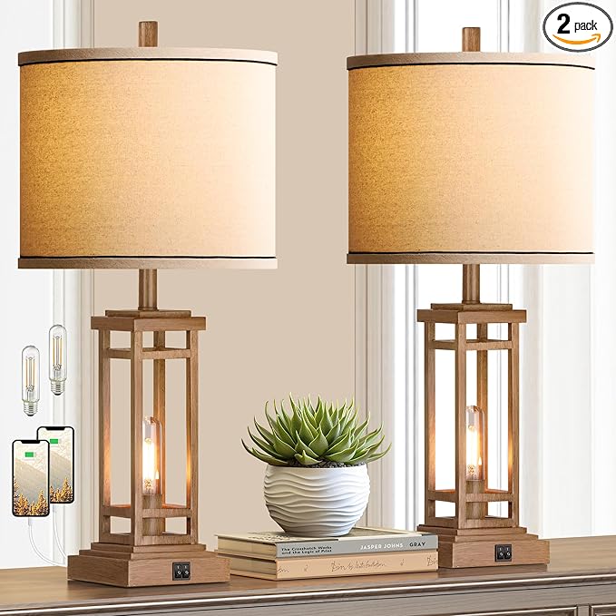 ROTTOGOON 27.5 Tall Farmhouse Table Lamps with USB C + USB A Charge Ports, Rustic Living Room Lamps Set of 2, Black Industrial End Table Lamp for Bedroom Living Room Nightstand (Wood)