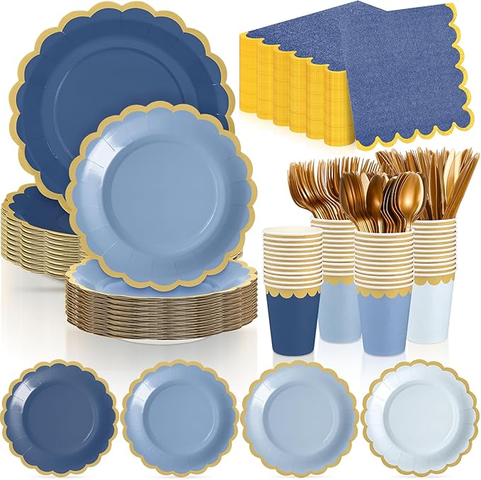 338 Pcs Dusty Blue Plates and Napkins Party Supplies for Guests Blue Tableware Include Scalloped Plates Paper Napkin Cup Spoon Fork Knife for Baby Shower, Wedding, Birthday