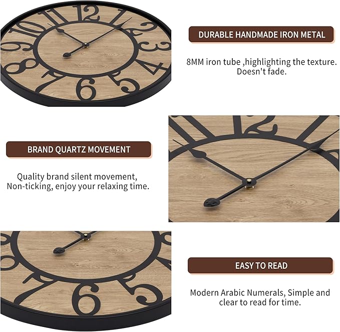LEIKE Extra Large Wall Clock,Silent Little Ticking,Battery Operated Round Modern Wood Wall Clocks for Living Room, Bedroom,Farmhouse,Office Vintage Big Home Decor-32 -Arabic Number
