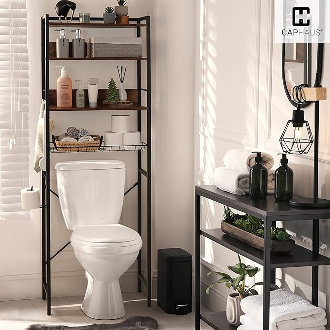 CAPHAUS Over The Toilet Storage, 4-Tier Bathroom Organizer, Freestanding Toilet Shelf, Multifunctional Space Saver Toilet Rack with 4 Hooks, Laundry Organizer, Plant Stand for Balcony (Rustic Oak)