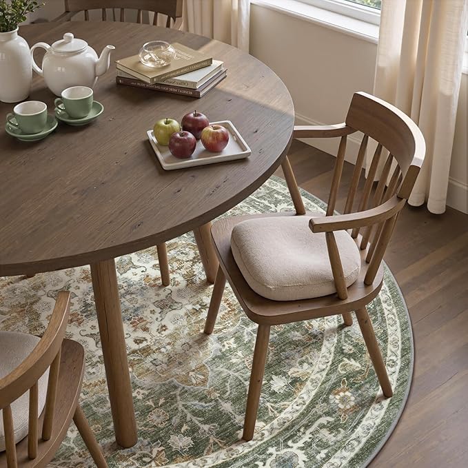 PADOOR-Vintage 6FT Round Rug-Rugs for Living Room-Soft Olive Green Circle Rug-Machine Washable Rugs for Bedroom-Non Slip Carpet-Rug for Dining Room Living Room Bedside Office