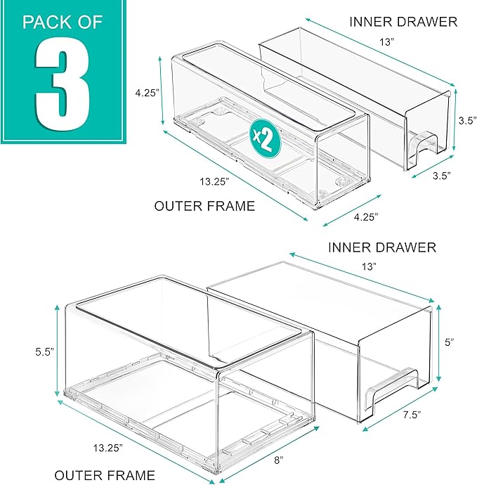 Sorbus 1 Large & 2 Small Clear Stackable Storage Drawers – Plastic Organizer Bins with Handles – Stackable Pull-Out Storage Drawers for Closet, Pantry, Office, Bathroom, Craft, and Toy Organization