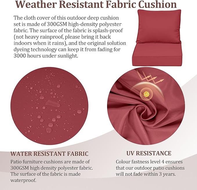Waterproof Outdoor Chair Cushion Set of 2, 22x22x4 IN Deep Seat Patio Cushions with Fade Resistant Removable Cover,Outdoor Cushions for Patio Furniture with Ties&Handle for Chair Sofa Couch,Wine Red